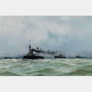 Henri Edmond Rudaux (French, 1870-1927) French Battleships at Sea