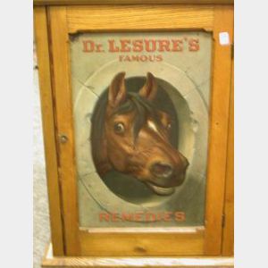 Dr. Lesures Famous Remedies Lithographed Pressed Tin and Oak Merchants Cabinet.