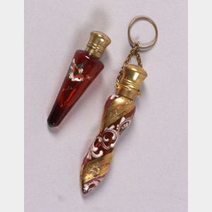 Two Small Ruby Glass and Enamel Decorated Scent Flasks