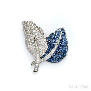 18kt White Gold, Sapphire, and Diamond Leaf Brooch