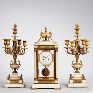Brass-mounted Alabaster Clock and Garniture Set