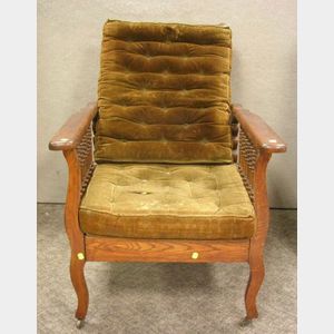 Late Victorian Oak Spindle-sided Adjustable-back Morris Chair with Velvet Upholstered Cushions.
