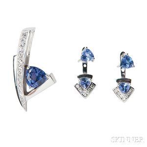 14kt White Gold, Tanzanite, and Diamond Pendant and Earrings