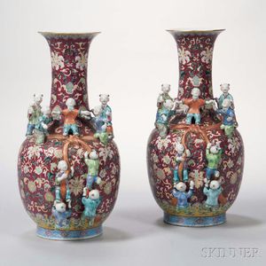 Pair of Famille Rose Figural Vases