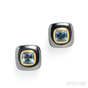 18kt Gold, Hematite, and Blue Topaz Earclips