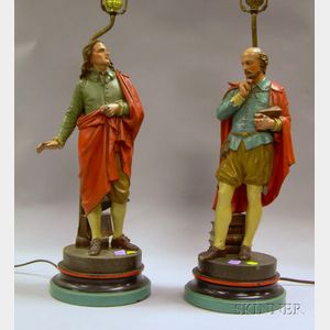 Pair of Cold-painted Spelter Milton and Shakespeare Figural Table Lamp Bases