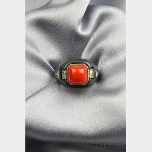 Patinated Steel, 14kt White Gold, Coral, and Diamond Ring, Marsh's