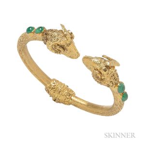 18kt Gold and Emerald Ram's Head Hinged Bangle