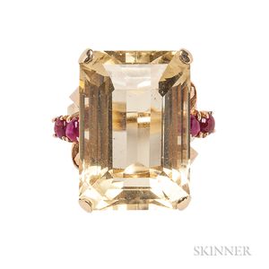 Retro 14kt Gold, Citrine, and Ruby Ring