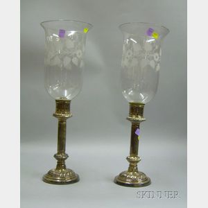 Pair of Silver Plated Weighted Candlesticks with Etched Colorless Glass Shades