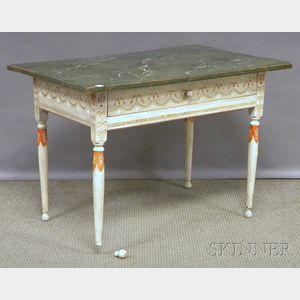 Faux Marble and Polychrome Paint-decorated Wood Table with Long Drawer