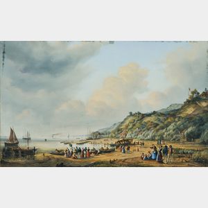 Johann Heinrich Sander (German, 1810-1865) Coastal View with Vessels, Figures, and Cottages