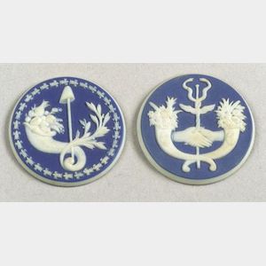 Two Wedgwood Dark Blue Jasper Dip French Revolution Medallions