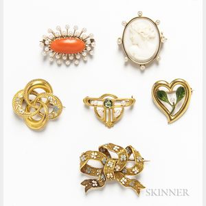 Six Gold Vintage Brooches