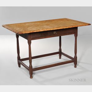 Red-painted, Turned-leg, Scrub-top Tavern Table with Drawer