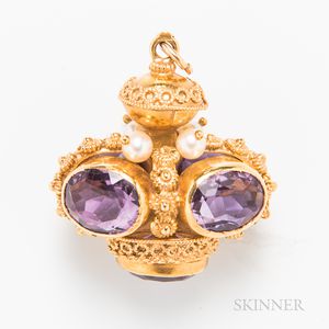 18kt Gold, Amethyst, and Cultured Pearl Pendant