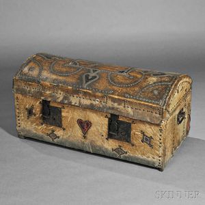 Large Hide-covered and Tack-decorated Dome-top Storage Trunk