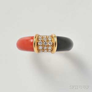 18kt Gold, Onyx, and Coral Ring