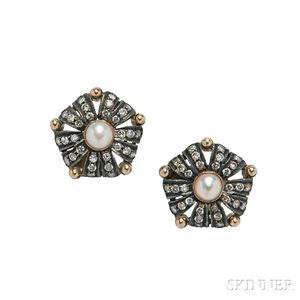 Silver-topped Gold, Pearl, and Diamond Earrings