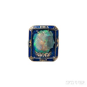 Egyptian Revival 14kt Gold, Carved Opal, and Enamel Ring