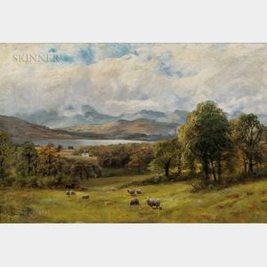 James Henry Crossland (British, 1852-1939) Valley Landscape with Sheep at Pasture and Distant Lake