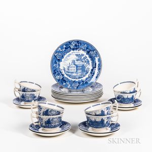 Set of Eight Wedgwood Blue and White Transfer-decorated Colby Junior College Plates, Cups, and Saucers