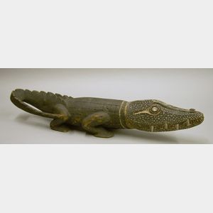 New Guinea Carved Crocodile with Cowry Shell Decorated Eyes
