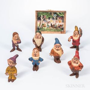 Walt Disney Molded Plastic Seven Dwarfs Figures and a Porcelain Plaque