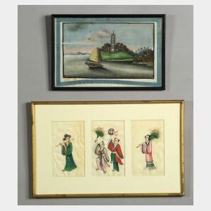 Chinese School, 19th Century Lot of Nine Assorted Chinese Figural and Scenic Paintings.