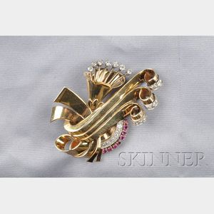 Retro 14kt Gold, Ruby, and Diamond Brooch