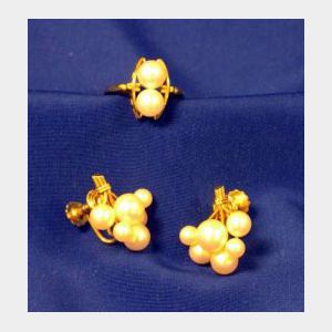 Pair of 14kt Gold and Pearl Earclips and a Similar Ring.