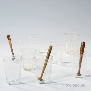 Eight Blown-molded and Wheel-etched Flip Glasses and Three Turned Wooden Muddlers