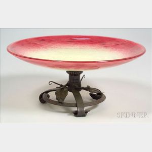 Schneider Art Glass Compote on Wrought Metal Stand