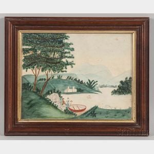 American School, 19th Century Naive Landscape Scene with Boating Party