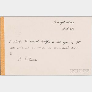 Lewis, Clive Staples (1898-1963) Autograph Postcard Signed, 27 October 1959.