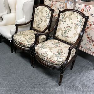 Pair of Louis XVI-style Carved and Upholstered Walnut Fauteuil