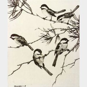Hans Kleiber (American, 1887-1967) Lot of Two Bird Prints: Chickadees II