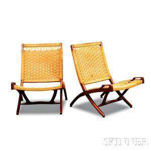 Pair of Wegner-style Teak Folding Rope Chairs