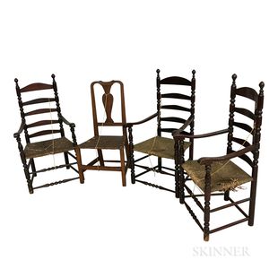 Three Painted Ladder-back Armchairs and a Queen Anne Maple Side Chair. 