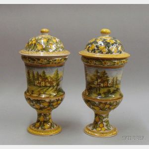 Pair of Italian Majolica Vases with Covers