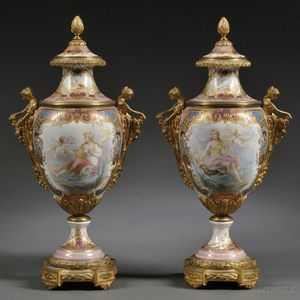 Pair of Gilt-bronze-mounted Sevres Porcelain Urns and Covers