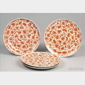Four Orange Bird and Sacred Flower Porcelain Plates
