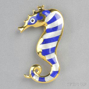 18kt Gold, Lapis, Black Jade, and Mother-of-pearl Sea Horse Brooch, Tiffany & Co.