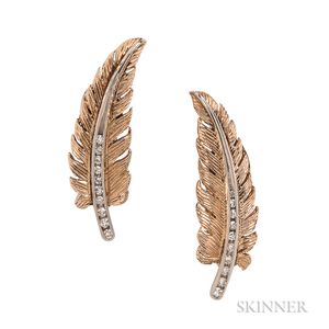 Retro 14kt Gold and Diamond Feather Earclips, Tiffany & Co.