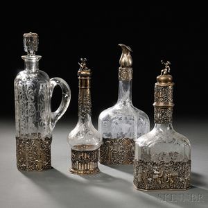 Four Rococo-style Silver-mounted Etched Colorless Glass Vessels