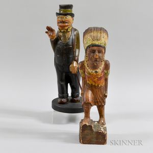 Polychrome Carved Wood Native American Figure and a Man with a Cane