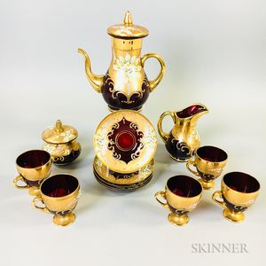 Thirteen-piece Painted and Enameled Ruby Glass Coffee Set. 