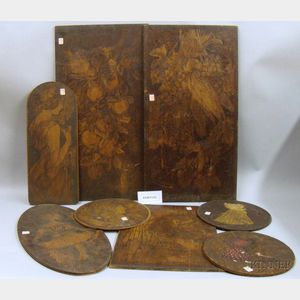 Fourteen Early 20th Century Pyrographic Decorated Wood Panels
