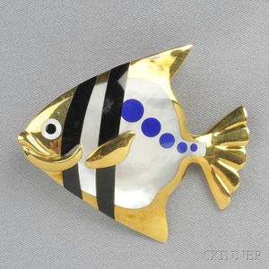 18kt Gold, Lapis, Mother-of-pearl, and Black Jade Fish Brooch, Tiffany & Co.