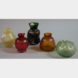 Five Loetz-type Iridescent Colored Art Glass Vases